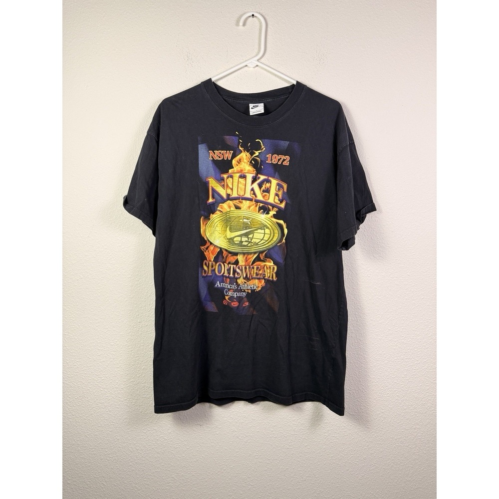 Vintage Nike NSW‎ 1972 Flame Graphic T-Shirt Black Size L Double Sided
